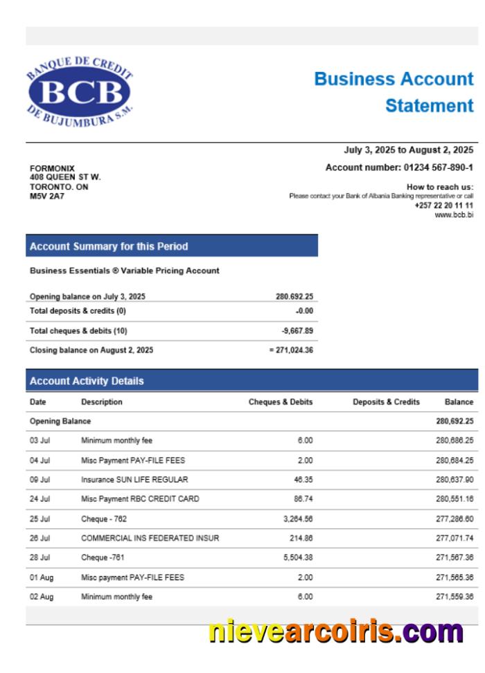 Credit Bank of Bujumbura enterprise account statement